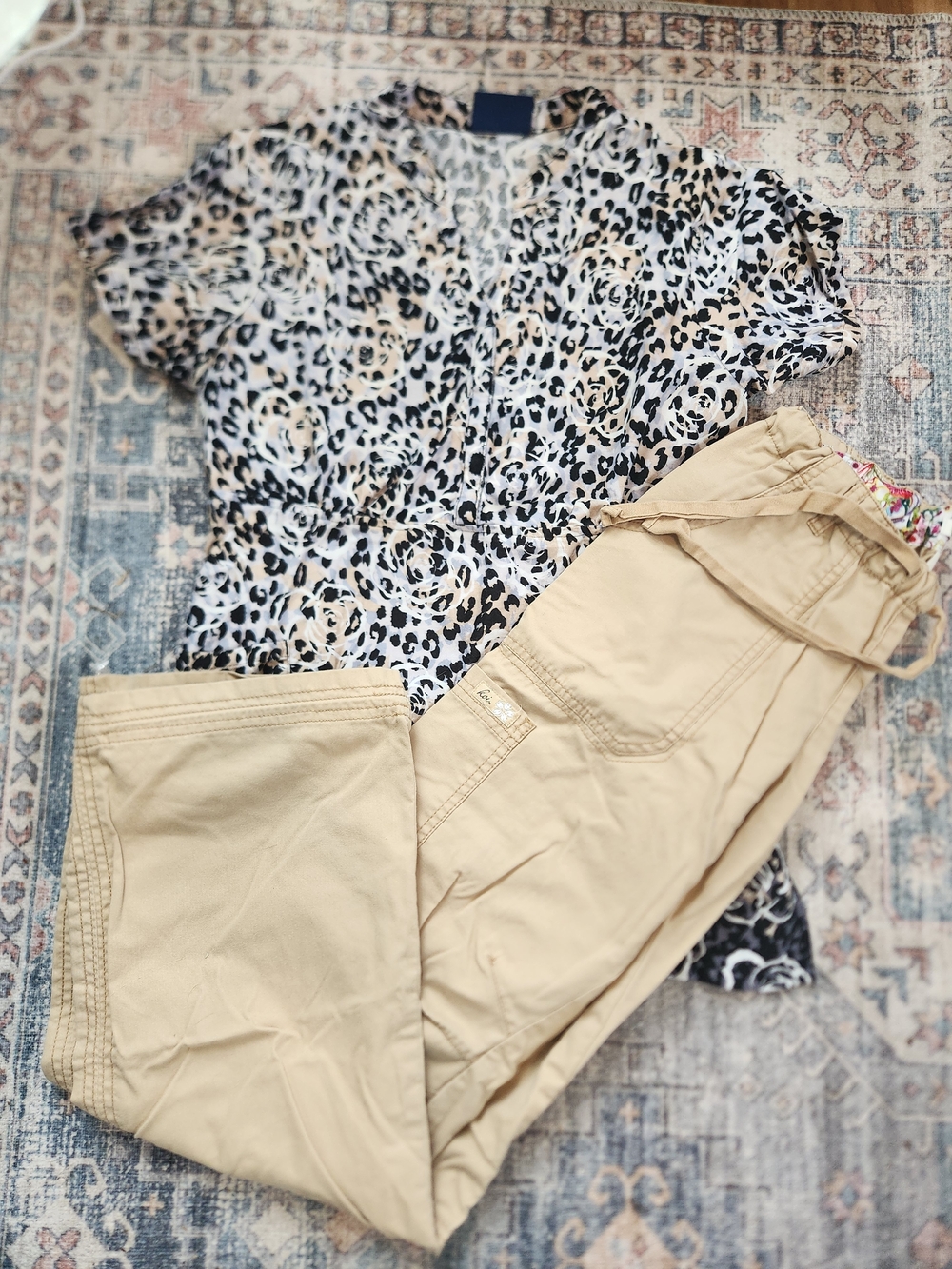 Small Sanibel Leopard Print Top with XS Koi Khaki Scrub Pants